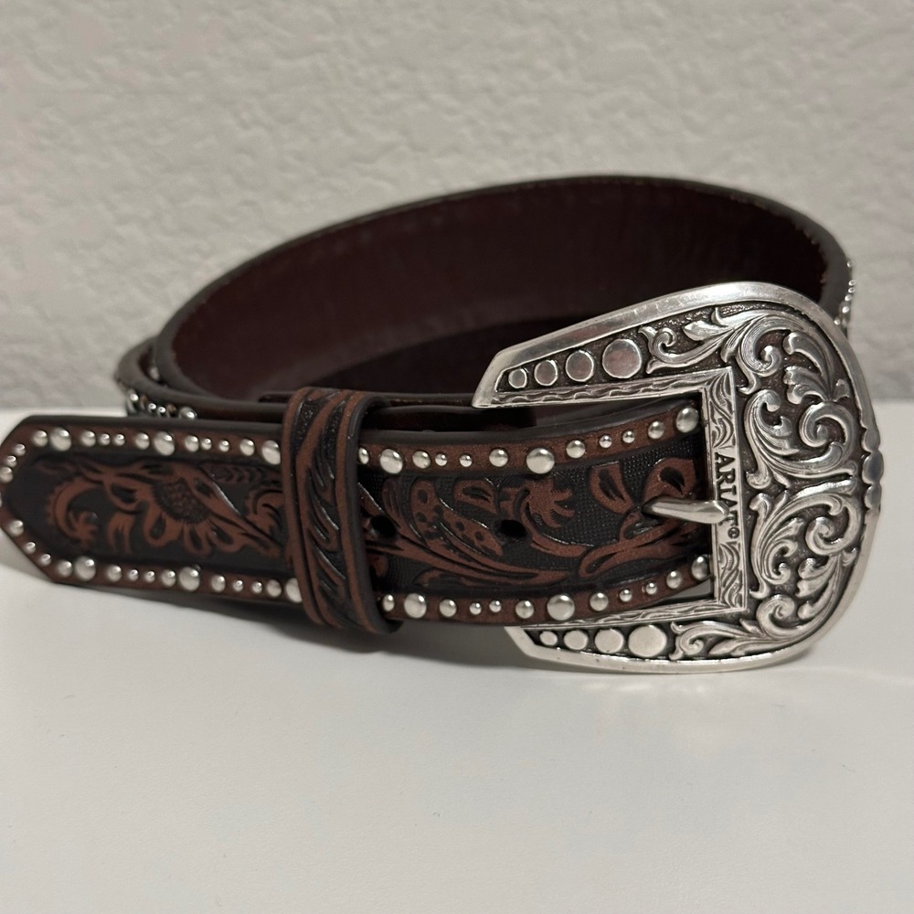 Ariat Belt Womens Medium Brown Floral Tooled Studded Leather A1513802